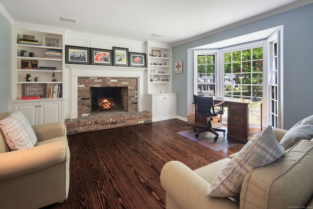 5 Dorr Rd, Darien, CT 06820 - office area with wood finished floors, crown molding, a brick fireplace, built in features, and baseboards