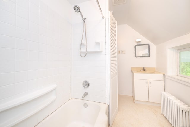 39 Tanner Ave, Norwich, CT 06360 - full bath with radiator, tub / shower combination, vaulted ceiling, vanity, and baseboards