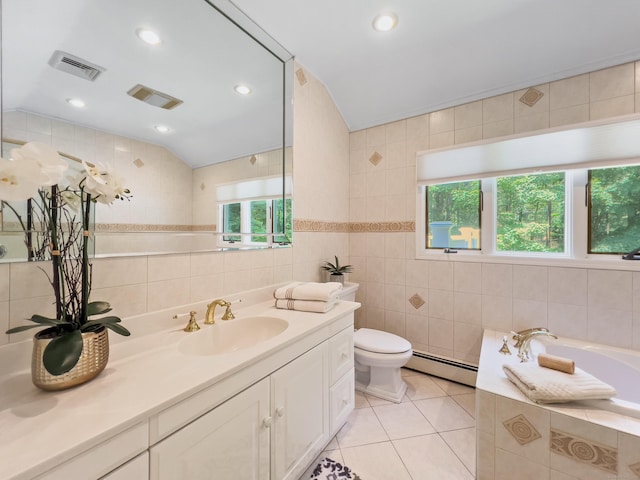 34 Longmeadows Rd, Wilton, CT 06897 - full bathroom featuring visible vents, a baseboard heating unit, toilet, and tile walls