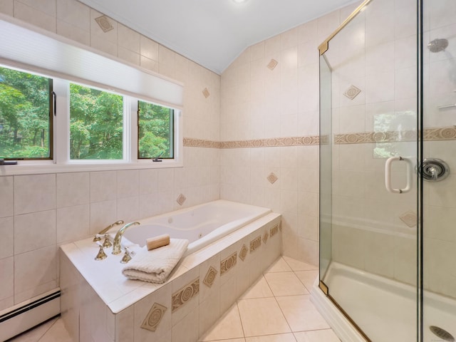 34 Longmeadows Rd, Wilton, CT 06897 - bathroom featuring a garden tub, tile walls, a stall shower, tile patterned floors, and a baseboard heating unit