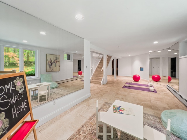 34 Longmeadows Rd, Wilton, CT 06897 - rec room with recessed lighting, baseboards, and a baseboard radiator
