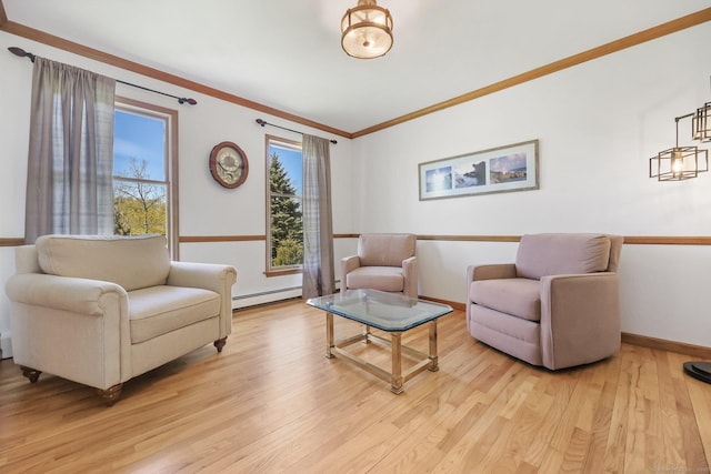 4 Walnut Ridge Rd, New Fairfield, CT 06812 - sitting room featuring baseboards, a baseboard radiator, light wood finished floors, and ornamental molding