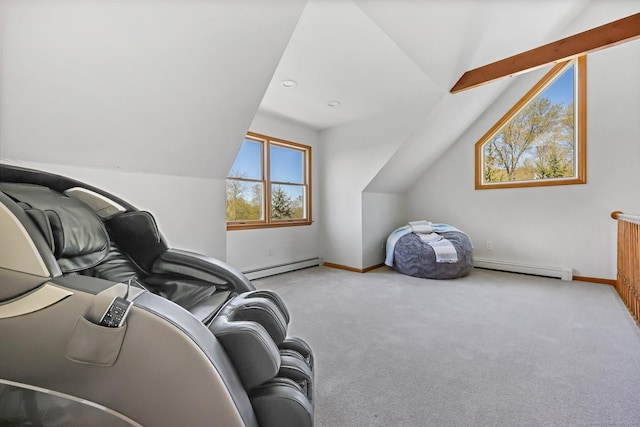 4 Walnut Ridge Rd, New Fairfield, CT 06812 - interior space with baseboards, a baseboard radiator, vaulted ceiling, and carpet flooring