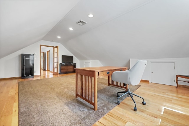4 Walnut Ridge Rd, New Fairfield, CT 06812 - office space featuring visible vents, baseboards, lofted ceiling, light wood-style floors, and recessed lighting