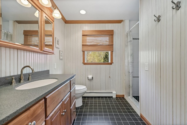 4 Walnut Ridge Rd, New Fairfield, CT 06812 - full bathroom with a shower with curtain, tile patterned flooring, vanity, a baseboard radiator, and toilet