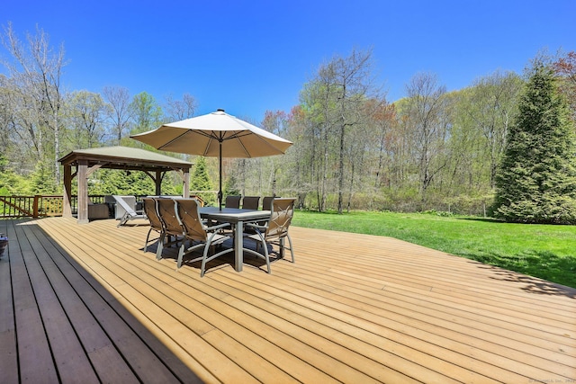 4 Walnut Ridge Rd, New Fairfield, CT 06812 - wooden terrace with outdoor dining area, a gazebo, a yard, and a forest view