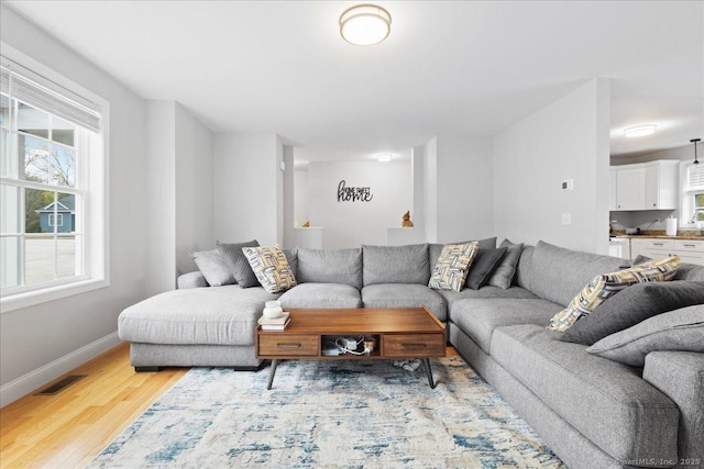 living area featuring light wood-type flooring, visible vents, and baseboards