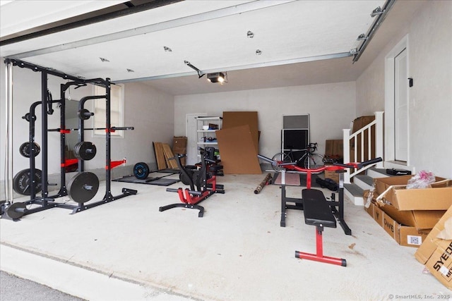 workout room with a garage
