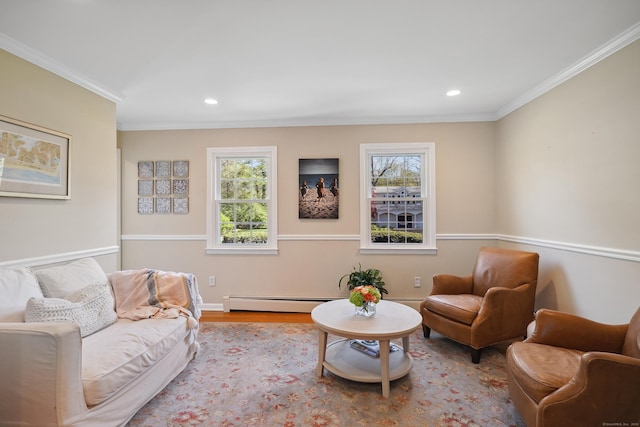 50 Carriage Dr S, Stamford, CT 06902 - living area with crown molding, healthy amount of natural light, baseboard heating, recessed lighting, and wood finished floors