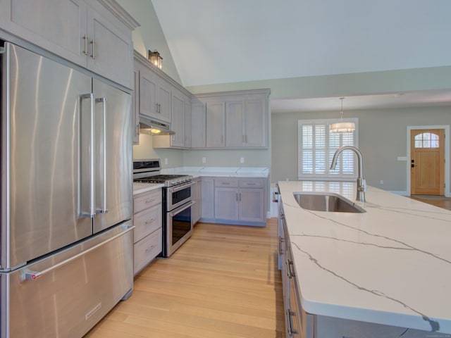 kitchen featuring a sink, light wood-style flooring, appliances with stainless steel finishes, and gray cabinetry