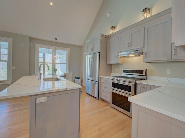 kitchen featuring light wood-style floors, a center island with sink, under cabinet range hood, a sink, and stainless steel appliances