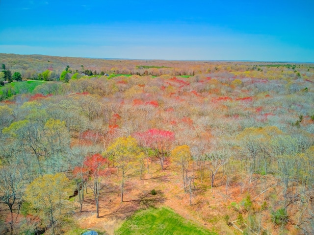 drone / aerial view with a wooded view