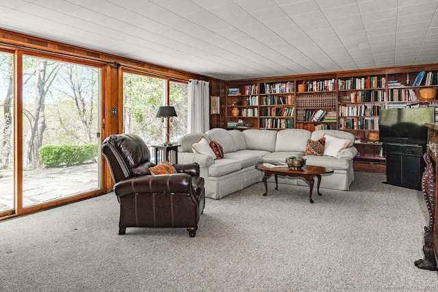 carpeted living room with wooden walls and built in features