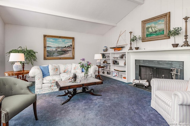 carpeted living room featuring vaulted ceiling with beams and a high end fireplace