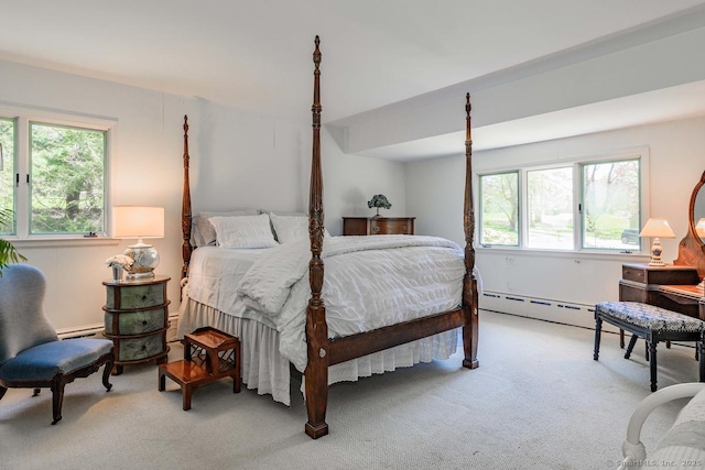 carpeted bedroom with a baseboard radiator and a baseboard heating unit