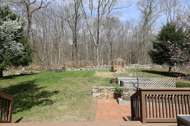 view of yard featuring a patio, an outdoor structure, and an exterior structure
