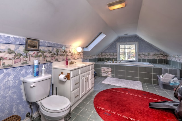115 W Avon Rd, Farmington, CT 06085 - full bathroom with tile patterned flooring, vanity, toilet, lofted ceiling, and a garden tub