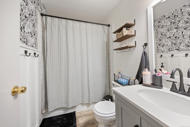 full bath featuring toilet, vanity, shower / bath combo, and wainscoting
