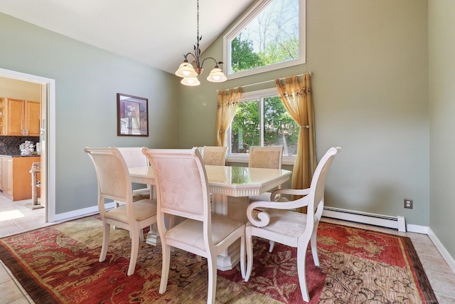 46 Fairway Grn, Fairfield, CT 06825 - dining room featuring a baseboard radiator, baseboards, light tile patterned floors, a chandelier, and high vaulted ceiling