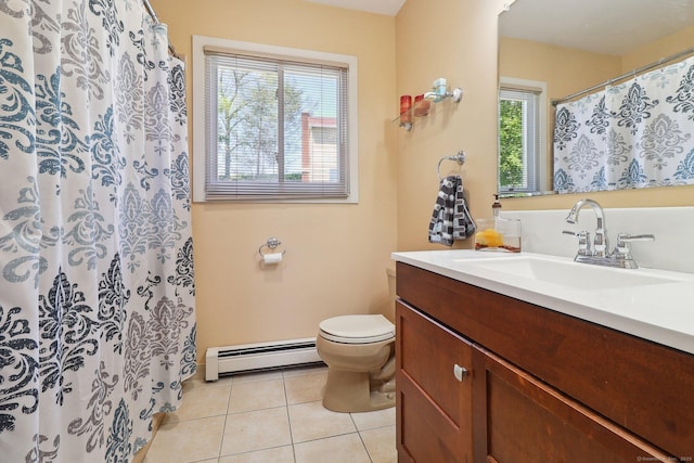 46 Fairway Grn, Fairfield, CT 06825 - bathroom featuring toilet, vanity, curtained shower, tile patterned floors, and a baseboard radiator