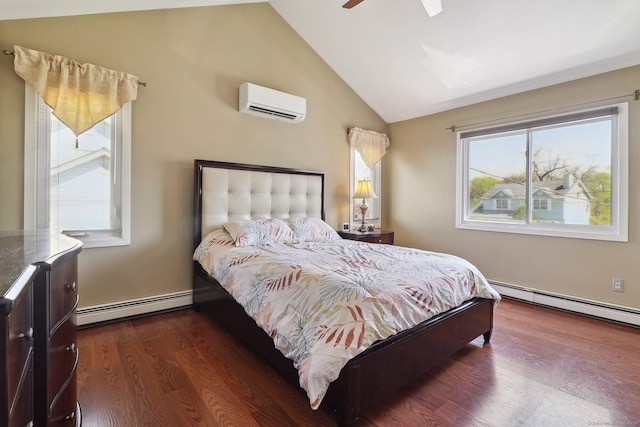 46 Fairway Grn, Fairfield, CT 06825 - bedroom featuring a wall mounted air conditioner, lofted ceiling, a baseboard radiator, and dark wood-style floors