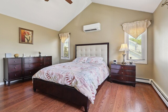 46 Fairway Grn, Fairfield, CT 06825 - bedroom with lofted ceiling, baseboard heating, a wall mounted AC, and wood finished floors