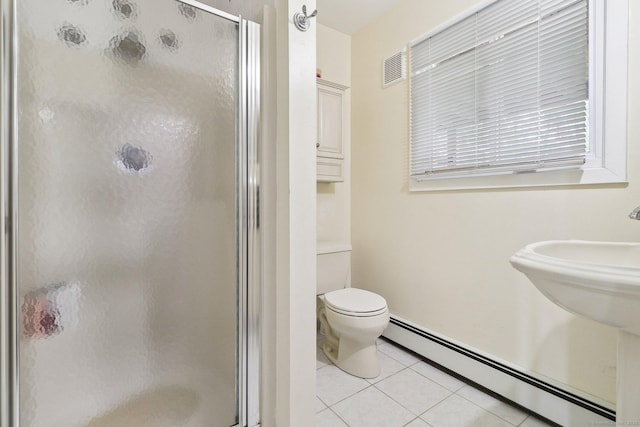 46 Fairway Grn, Fairfield, CT 06825 - full bathroom featuring tile patterned floors, a shower stall, visible vents, and a baseboard heating unit