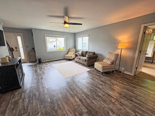 46 Fairway Grn, Fairfield, CT 06825 - living area with ceiling fan, wood finished floors, baseboards, and a baseboard heating unit