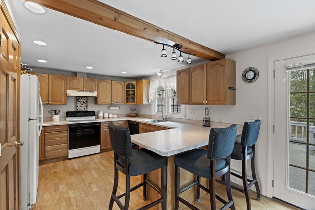 kitchen featuring under cabinet range hood, a breakfast bar, a sink, a peninsula, and range with electric stovetop