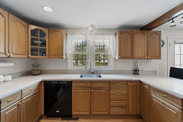 kitchen featuring dishwasher, light wood-type flooring, a healthy amount of sunlight, and a sink