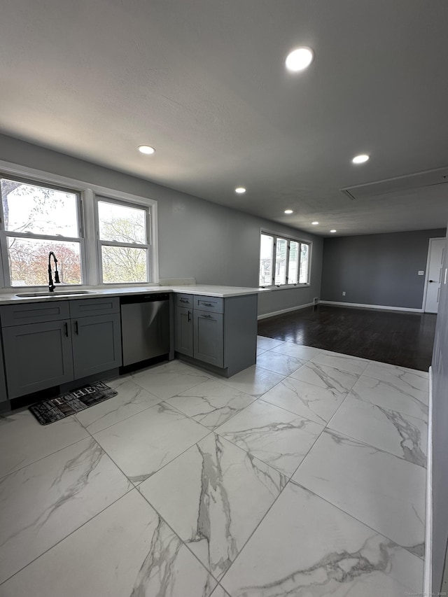 163 Sylvan Ave, Waterbury, CT 06706 - kitchen with dishwasher, gray cabinets, recessed lighting, a peninsula, and light countertops