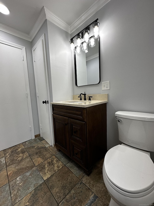163 Sylvan Ave, Waterbury, CT 06706 - half bathroom featuring stone tile flooring, vanity, and crown molding
