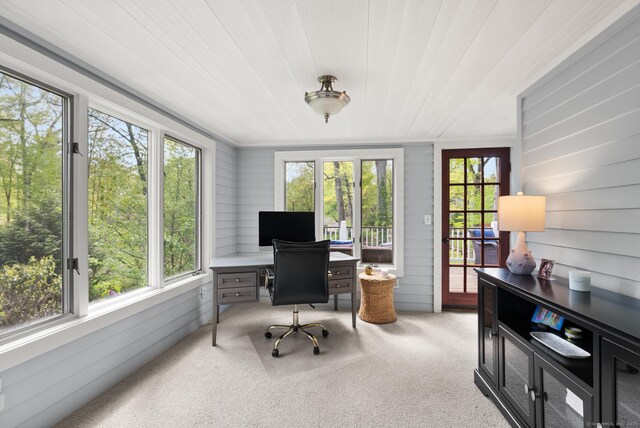 home office featuring light carpet