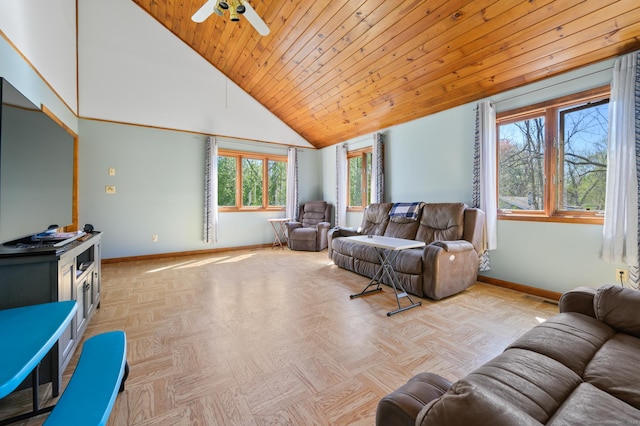 living area featuring baseboards, a ceiling fan, high vaulted ceiling, and wooden ceiling
