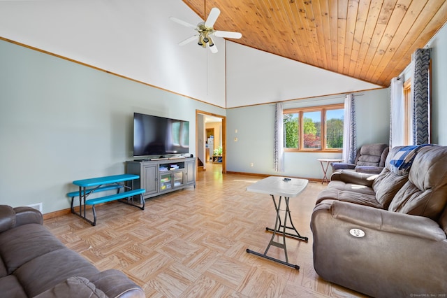 living room featuring wood ceiling, baseboards, ceiling fan, and high vaulted ceiling