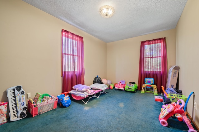 recreation room with carpet flooring and a textured ceiling
