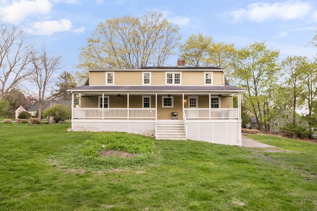 123 Hilltop Dr, Trumbull, CT 06611 - view of front of house featuring a porch, a ceiling fan, a chimney, and a front lawn