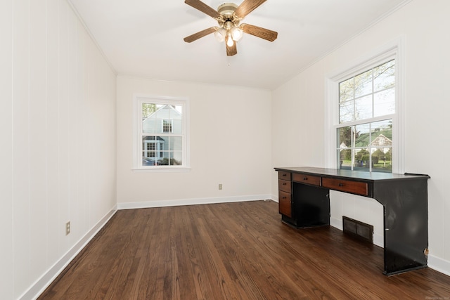 123 Hilltop Dr, Trumbull, CT 06611 - unfurnished living room with a ceiling fan, baseboards, dark wood-type flooring, visible vents, and ornamental molding