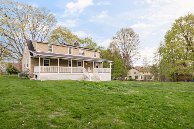 123 Hilltop Dr, Trumbull, CT 06611 - back of house featuring a porch, stairway, a lawn, and a chimney