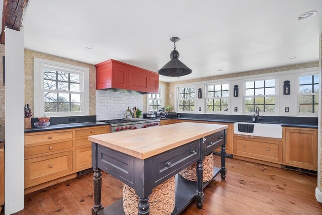 149 Limekiln Rd, Redding, CT 06896 - kitchen featuring a sink, wooden counters, light wood finished floors, backsplash, and recessed lighting