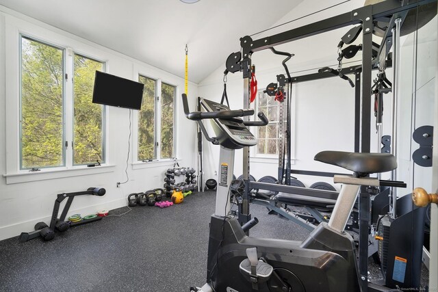 149 Limekiln Rd, Redding, CT 06896 - workout area featuring vaulted ceiling