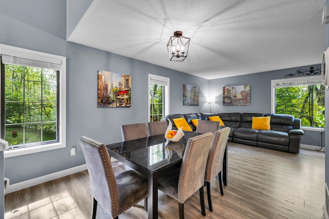 dining area with baseboards, wood finished floors, a chandelier, and a textured ceiling