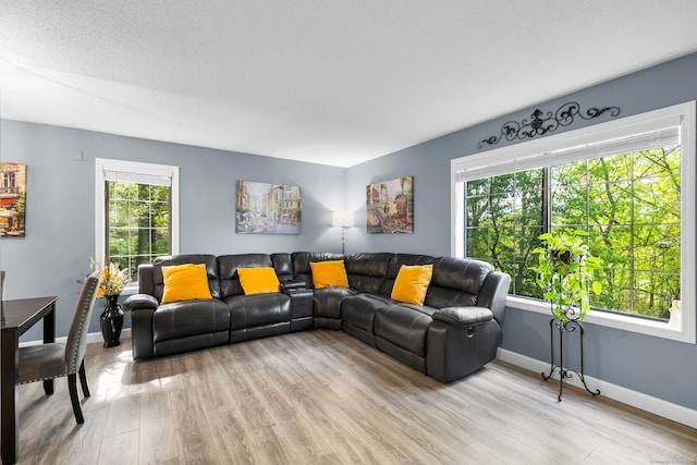 living room with plenty of natural light, light wood-type flooring, and baseboards