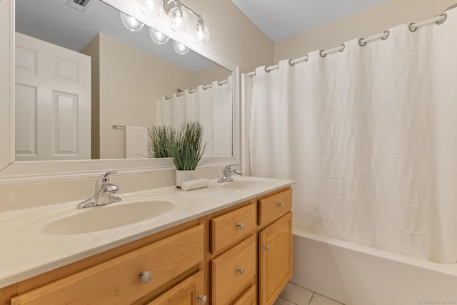 41 Madison Way S, Windsor, CT 06074 - full bath with double vanity, shower / bath combo with shower curtain, and tile patterned floors