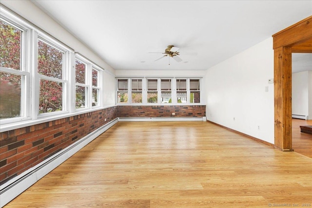 unfurnished sunroom with a baseboard radiator, baseboard heating, and a healthy amount of sunlight
