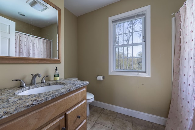 14 Cutter Dr, Stonington, CT 06355 - bathroom with tile patterned flooring, toilet, vanity, baseboards, and a shower with curtain