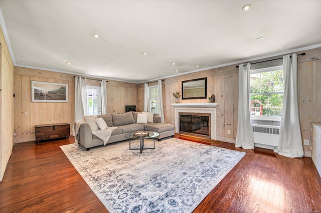 living room featuring a glass covered fireplace, ornamental molding, wooden walls, dark wood-style floors, and radiator heating unit
