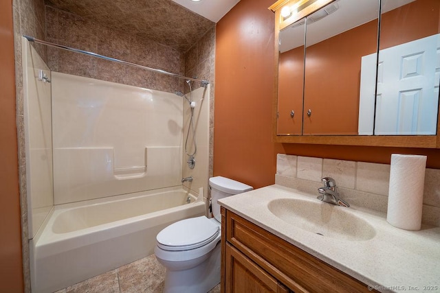 full bathroom featuring vanity, backsplash, toilet, and shower / washtub combination