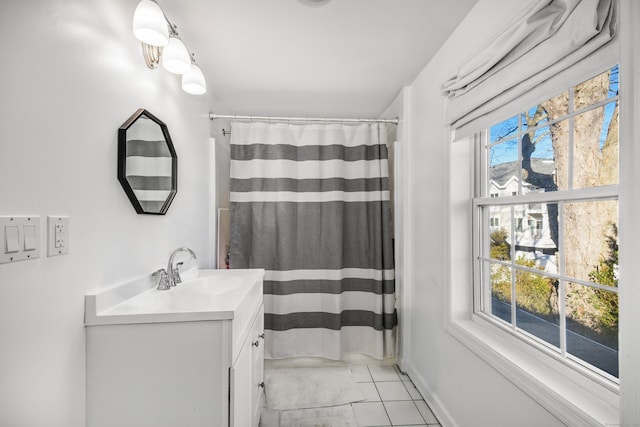 full bath with vanity and a shower with shower curtain