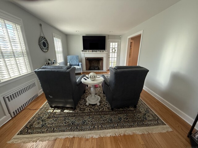 living area with wood finished floors, baseboards, radiator heating unit, and a fireplace